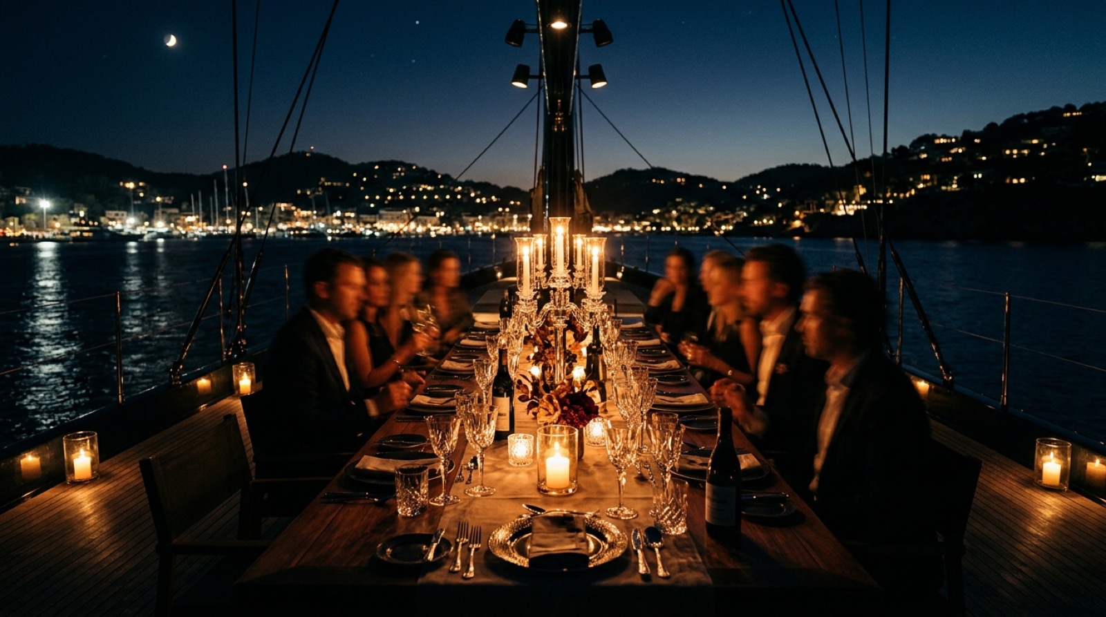 Dîner privé du cercle sur un pont de yacht à Palma